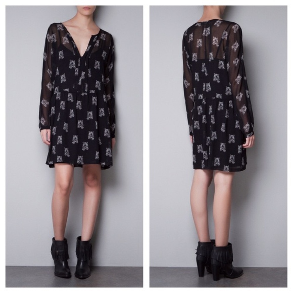 Zara Black Sheer Tiger Print Dress Sz Medium